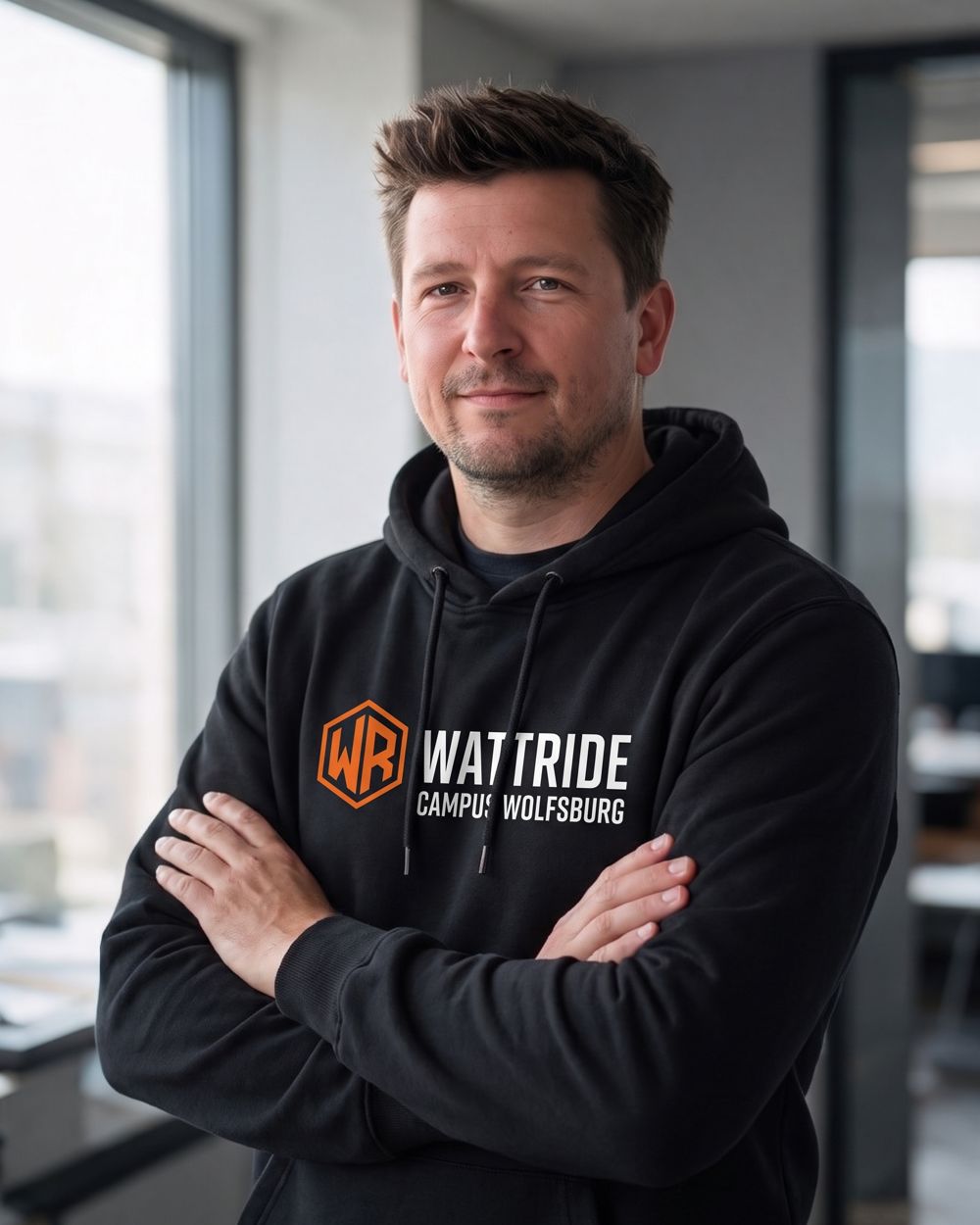 Simon Diestelmann im Showroom vor der orangen Wand mit Wattride-Logo
