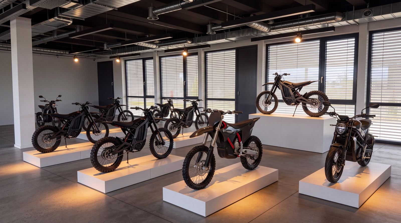 Visualisierung: Showroom im Erdgeschoss mit E-Enduros auf Podesten